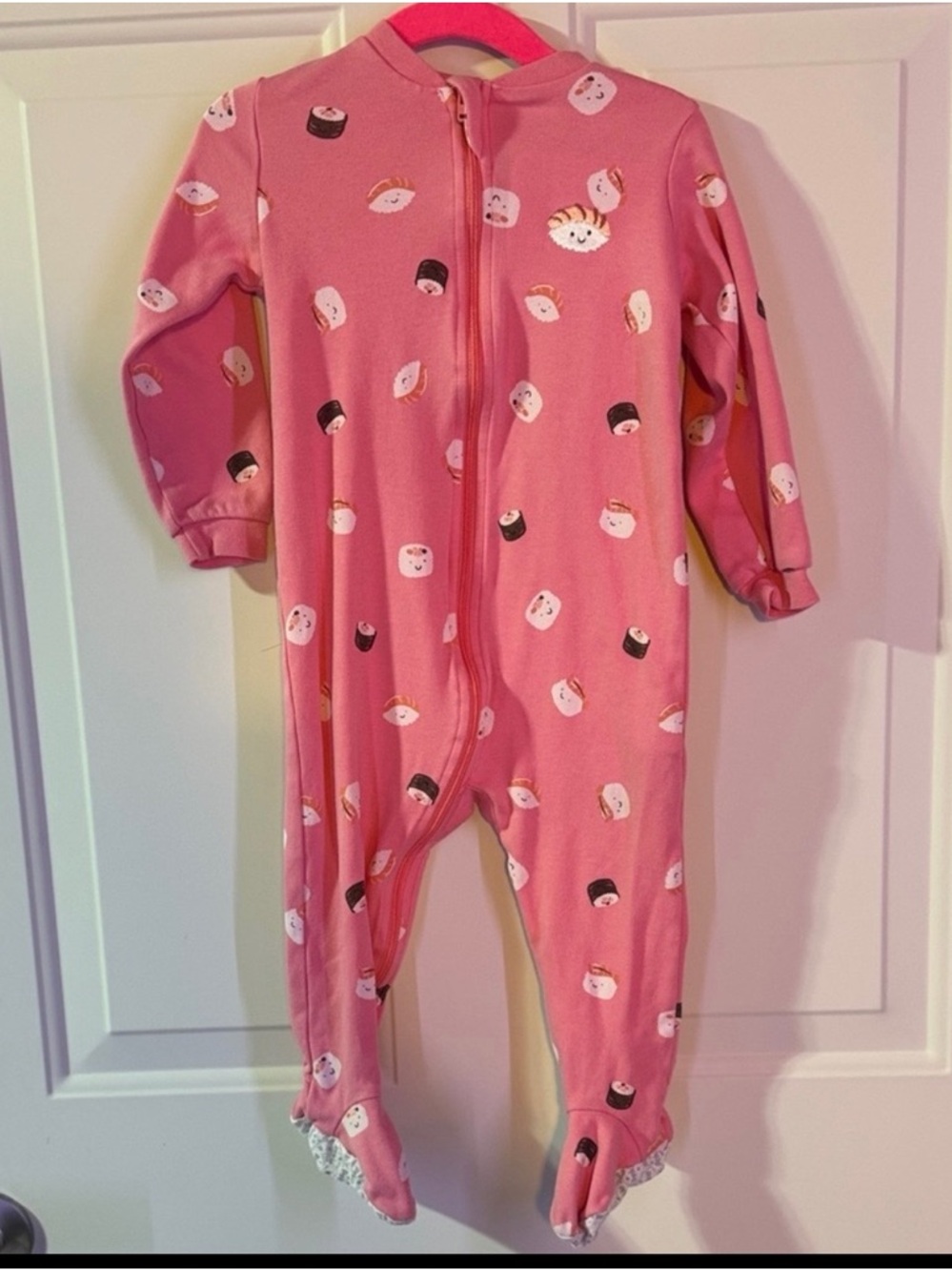 Pekkle Kids Pink Footed One-Piece Pajamas with sushi pattern 18 months